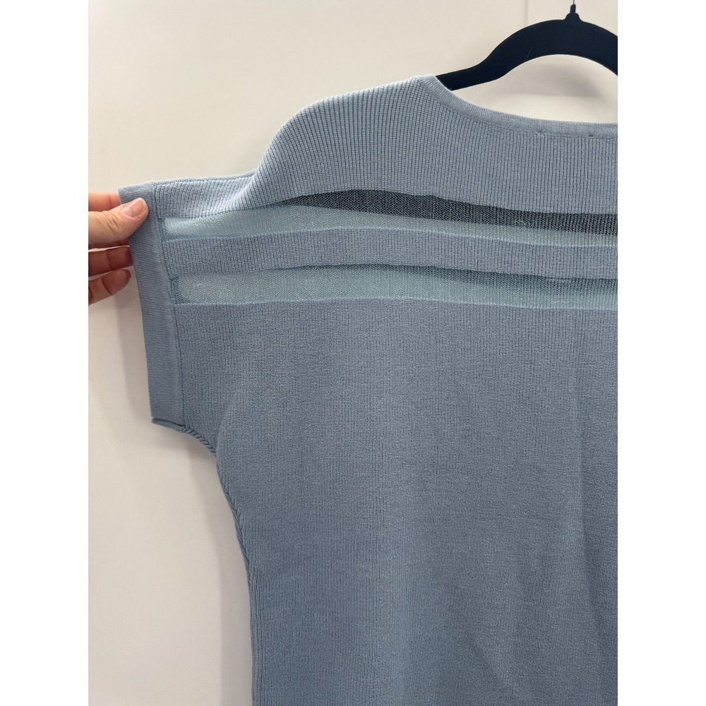 Sioni Blue Short Sleeve Knit Sweater Medium Stretch Sheer Mesh Inlay Cottagecore - Picture 8 of 12